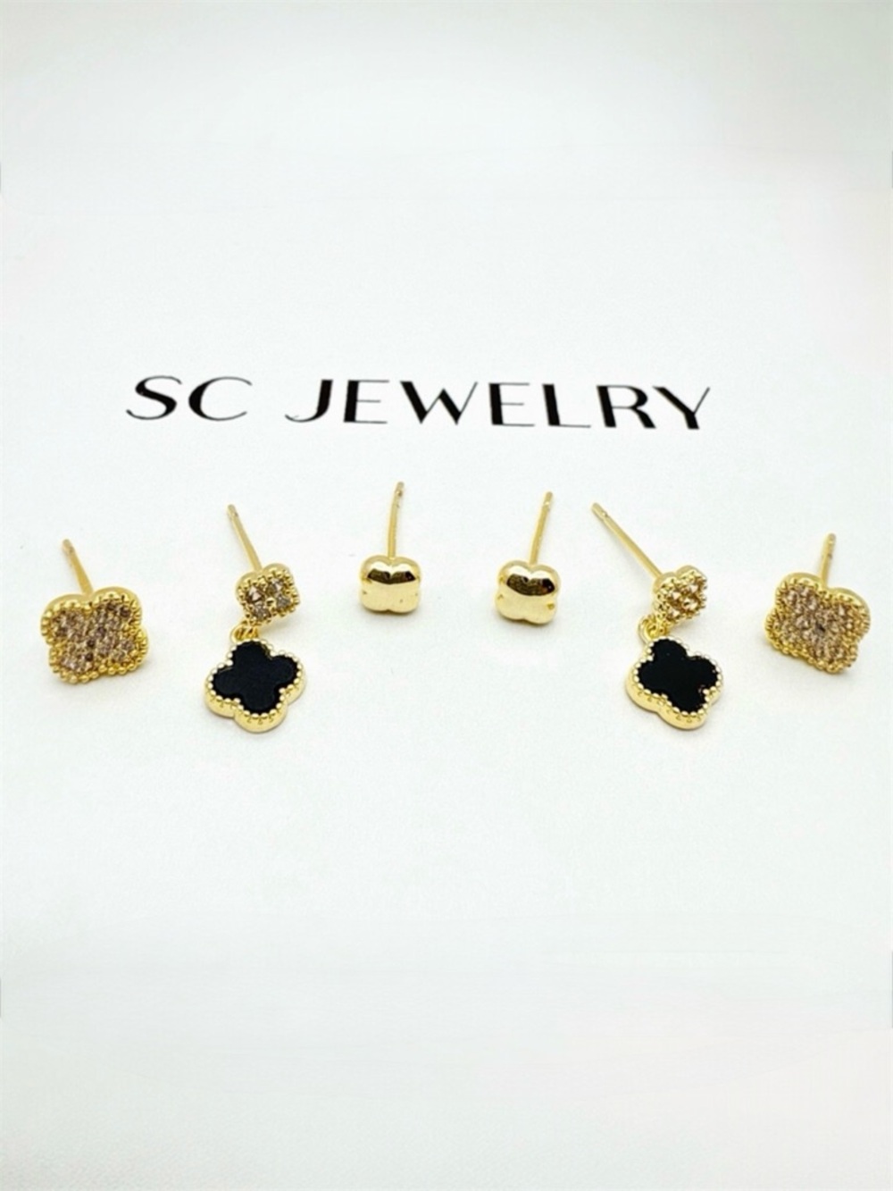 Black & Zirconia w/ Gold Clover Earrings Set 6 Pc Gold Plated